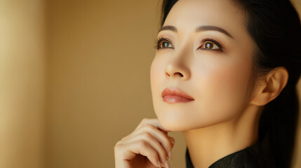A young woman poses elegantly with a thoughtful expression against a minimalist background in soft natural light
