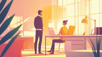 Man and woman in modern office, discussing work.