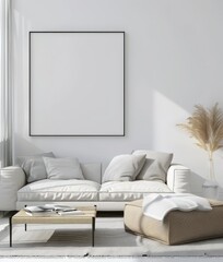 Minimalist living room with white sofa. coffee table. and a large blank frame on the wall