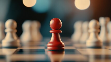 A red pawn commands attention at the center of the chessboard, surrounded by indistinct white pawns, with a dramatic light highlighting its significance
