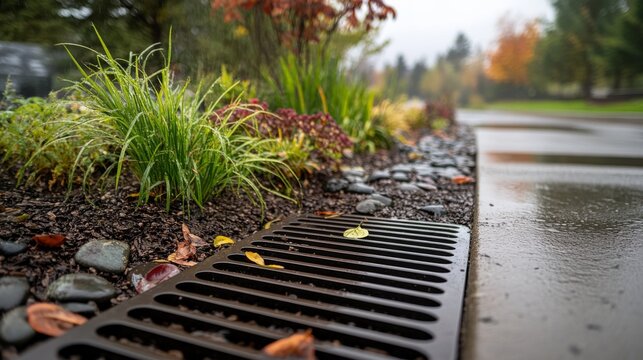 A vibrant rain garden showcases flourishing native plants while effectively managing stormwater in a city setting, demonstrating sustainable urban landscaping
