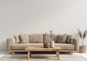 Minimalist living room interior with a beige sofa. wooden coffee table. and plants on a white wall