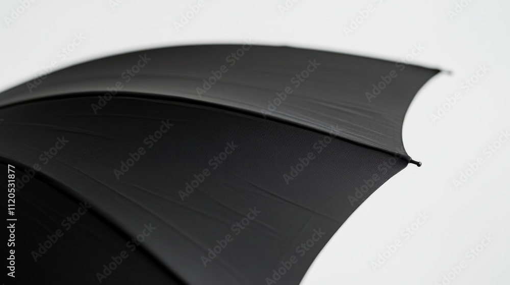 Poster Close-up of a black umbrella with a curved handle showcases elegance against a white setting, emphasizing simplicity and providing ample copy space for design