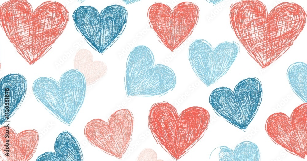 Poster a pattern of small, hand-drawn hearts in red and blue against a white background each heart is fille