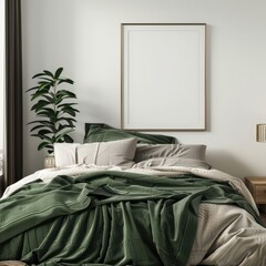 Minimalist bedroom interior with green bedding. a plant and a framed mockup
