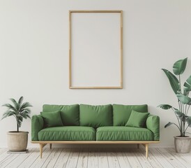 A green sofa with wooden legs. two potted plants. and a blank framed picture. set against a white wall in a minimalist living room