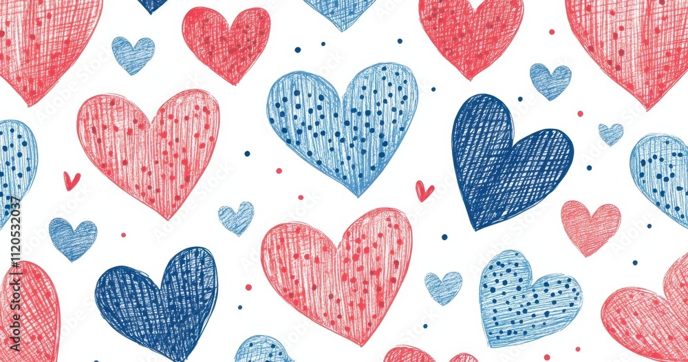 Poster a pattern of hearts in red and blue, arranged on a white background the heart shapes have an abstrac