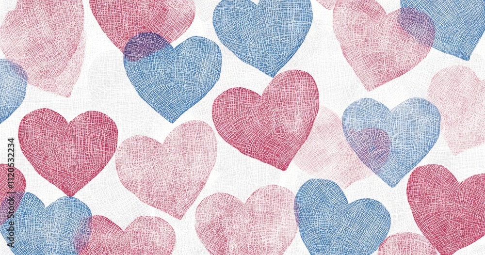 Poster a pattern of red and blue hearts with a woven texture, arranged in random sizes on a white backgroun