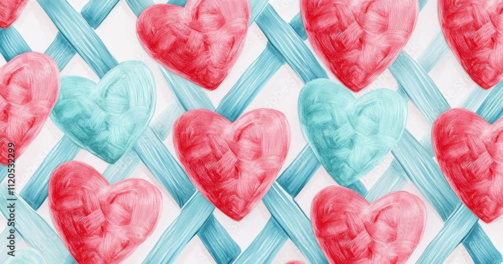 Poster a pattern of red and blue hearts with a woven texture, arranged in random sizes on a white backgroun