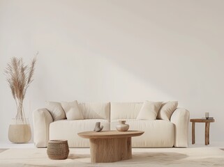 Minimalist living room with beige sofa. wooden coffee table. and natural decor