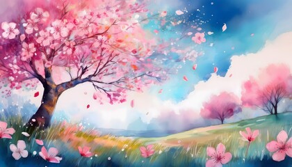 Watercolor Painting of Cherry Trees and Blossoms