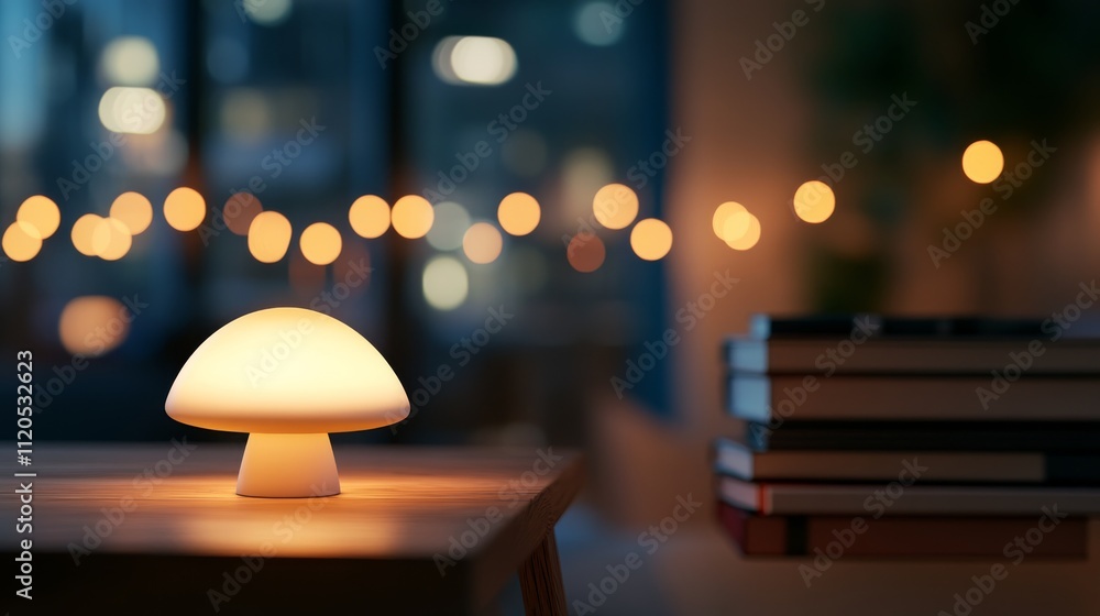 Poster a sleek white mushroom lamp casts a warm glow on a wooden side table, creating a tranquil atmosphere