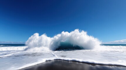 A powerful wave crashing onto a sandy beach under a clear blue sky.