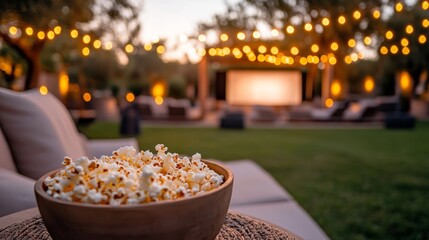 Cozy backyard setup for a movie night featuring a drop-down projector screen, fairy lights, plush seating, and a bowl of popcorn ready for enjoyment