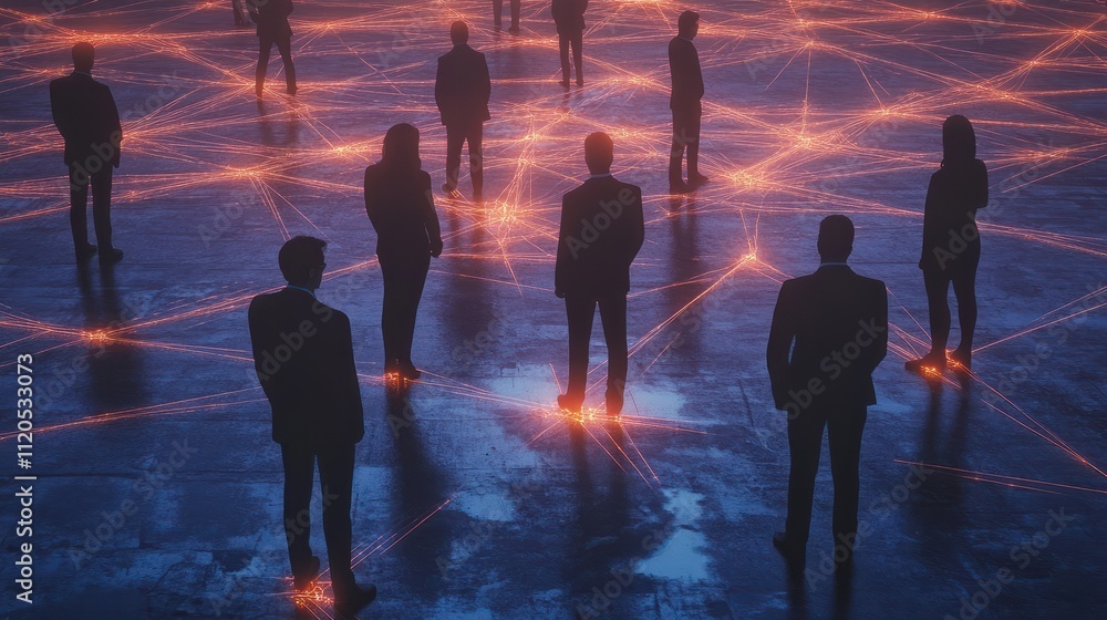 Poster business network concept with business people standing on a global map connected by glowing connecti
