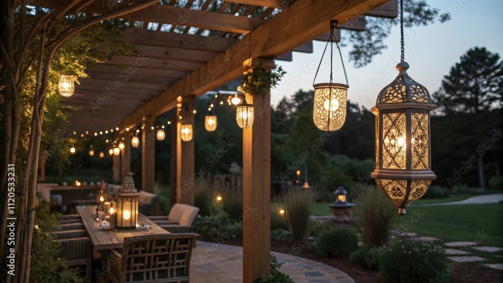 Poster decorative lighting fixtures dangle gracefully from the pergola casting a warm glow during evening g