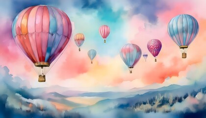 Obraz premium Pastel Hot Air Balloons Ascending Over Mountainous Landscape