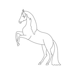 Line art of a horse rearing up with a flowing mane and tail, depicted in a minimalist style on a white background