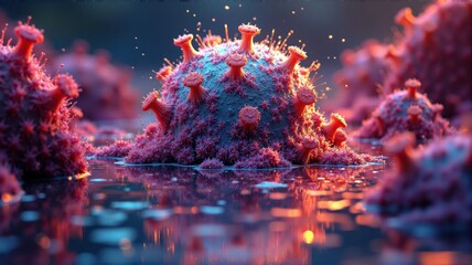 Microscopic view of coronavirus covid 19 spreading in liquid environment