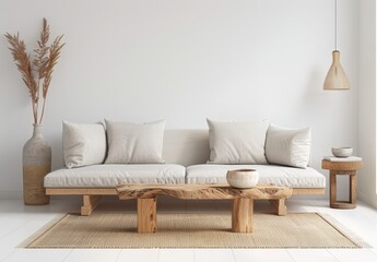 Minimalist living room with a light beige sofa. wooden coffee table. and a jute rug