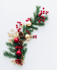 Festive arrangement featuring pine cones, red berries, and golden baubles, embodying the spirit of Christmas celebration and holiday cheer.