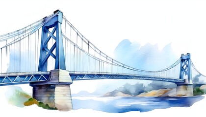 Watercolor Illustration of a Suspension Bridge