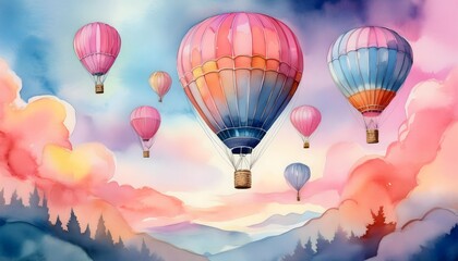 Fototapeta premium Watercolor Illustration of Hot Air Balloons in a Pastel Sky over Mountains