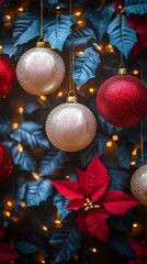 Obraz premium Colorful Christmas ornaments dangle from a beautifully decorated tree adorned with vibrant red poinsettias, creating a festive holiday atmosphere.