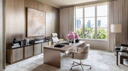 Fototapeta premium A modern office space featuring a desk, chair, artwork, and large window with city views.
