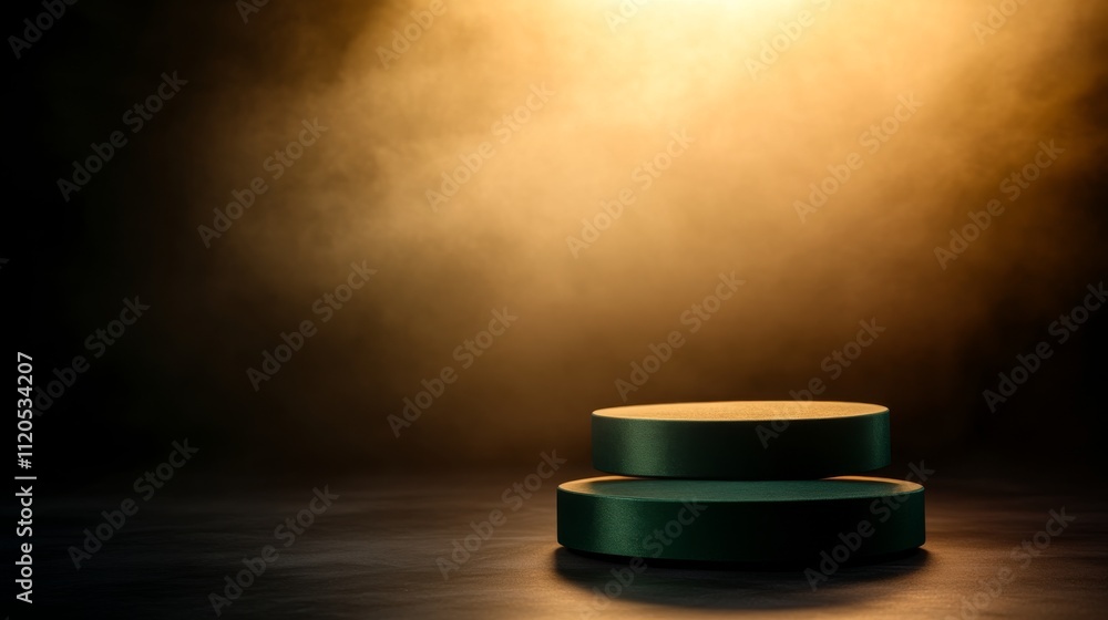 Poster A sleek dark-green podium with three distinct tiers is illuminated by a warm golden spotlight, creating a striking focal point in an elegant space