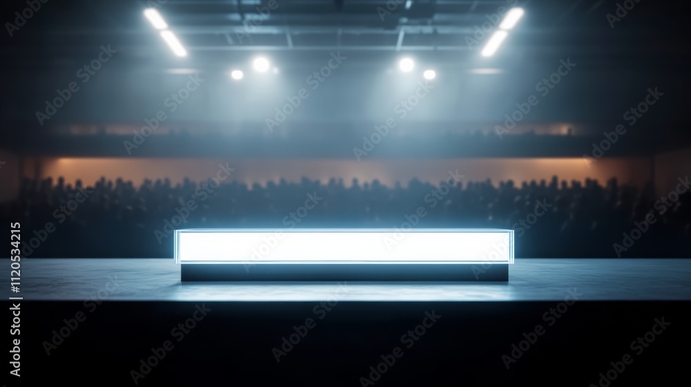 Aufkleber Sleek acrylic stand illuminated by soft light rests on a matte gray podium, creating an inviting focal point with a blurred audience observing in the background