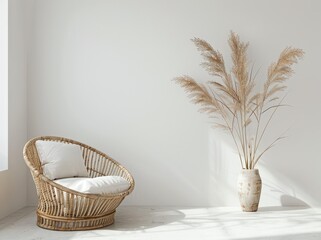 Fototapeta premium Minimalist living room interior with a wicker chair and a vase of pampas grass against a white wall
