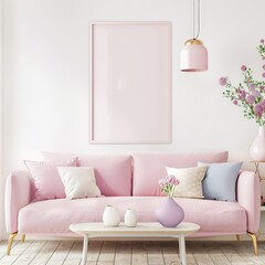 Minimalist living room interior with pink sofa. coffee table. and a pink pendant lamp