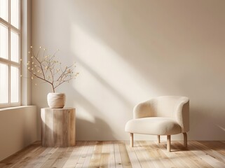 Minimalist living room interior with a white armchair. wooden side table. and a plant in a ceramic pot against a white wall with sunlight streaming through a window