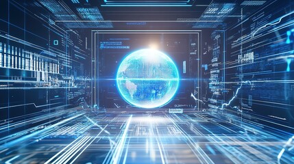 Futuristic server room with holographic Earth projection