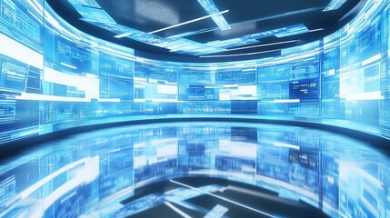 Blue futuristic data center with holographic screens and light