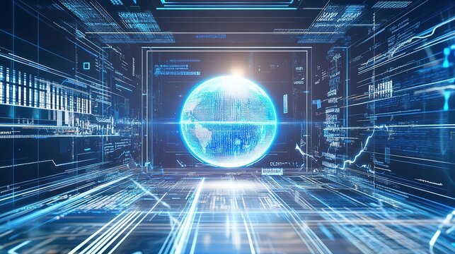 Futuristic server room with holographic Earth projection