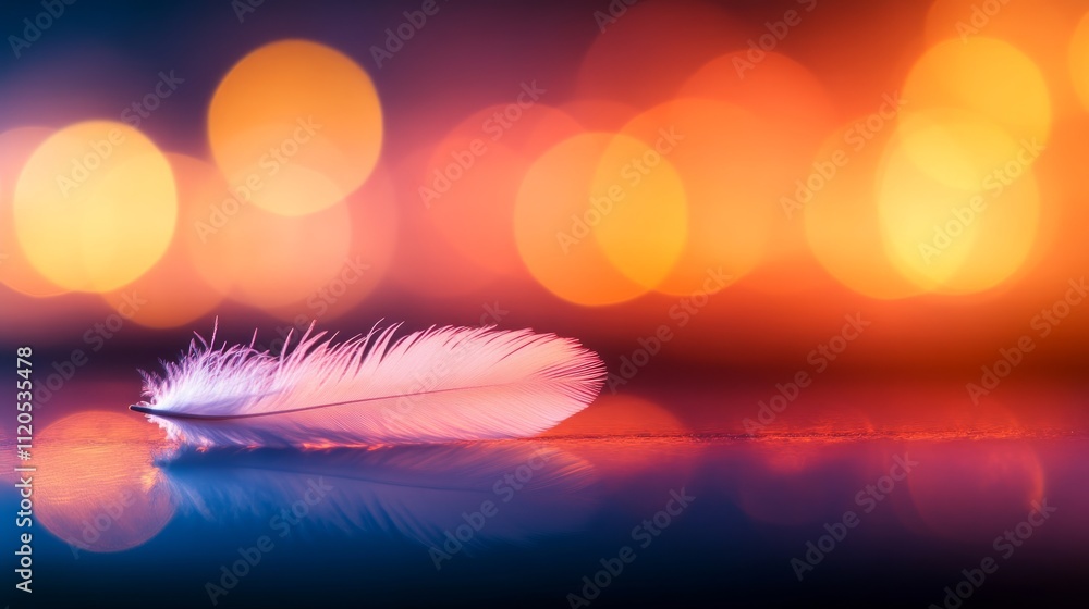 Aufkleber A delicate white feather lies on a smooth glass surface, reflecting soft blue light while creating a tranquil atmosphere with ample copy space on the left