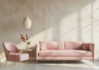 A pink velvet sofa and armchair with gold legs in a minimalist living room with a beige wall and sunlight streaming in