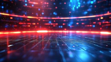 Dynamic red and blue neon grid lines with glowing dots on dark backdrop