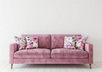 A pink velvet sofa with floral patterned pillows sits against a white wall in a modern living room