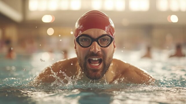 A focused male swimmer is cutting through the water in a pool, showcasing his strength and technique. Water droplets splash around him as he swims energetically