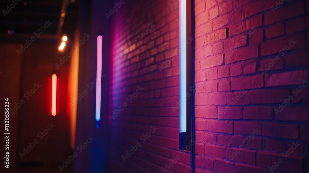 Poster vibrant neon blue light frame enhances a textured brick wall in a dimly lit loft, creating striking 