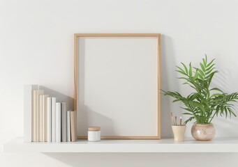 A blank canvas framed in a natural wood frame on a shelf with books. a potted plant. and a decorative jar against a white wall