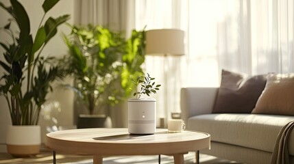 Modern living room with air purifier and plants.