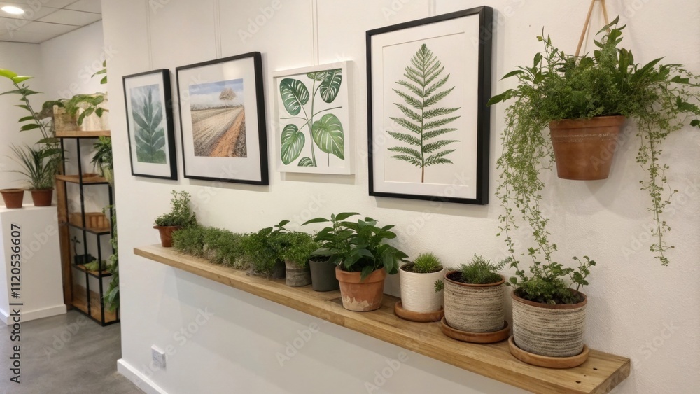 Aufkleber complementing the gallery a simple shelf below displays small potted plants adding a touch of threed