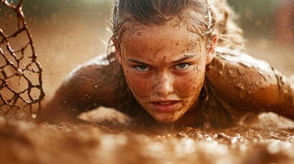 During a muddy obstacle race, a young woman crawls under a net, displaying a determined expression, with dirt and water droplets all around her