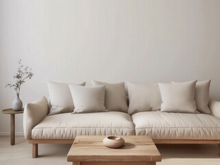 A modern living room interior with a beige sofa. wooden coffee table. and a vase with dried flowers on a side table