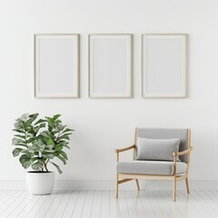 Minimalist living room interior with armchair. plant and three blank frames on white wall