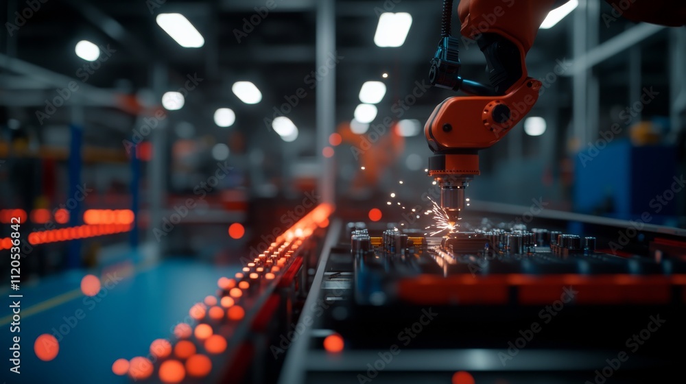 Aufkleber a robotic arm constructs a car's suspension system in a high-tech factory, creating sparks amidst th